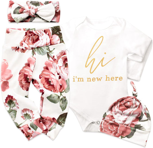 Newborn Baby Girl Clothes Hi I'M New Here Newborn Outfit Infant Romper Floral Pants Cute Baby Girl Outfits 4PC Set