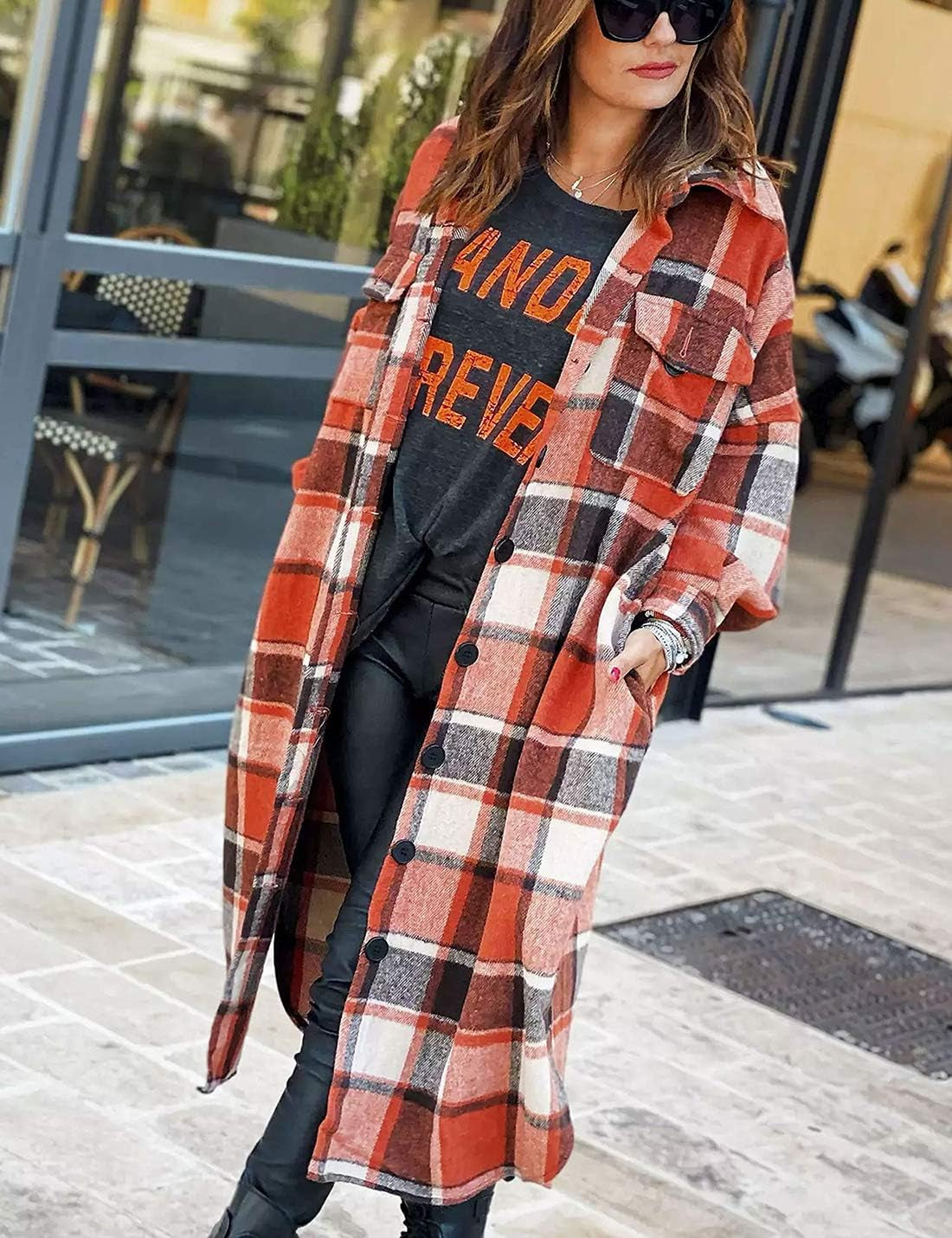 Women'S Flannel Plaid Shacket Fall Oversized Long Button down Shirt Jacket Shackets