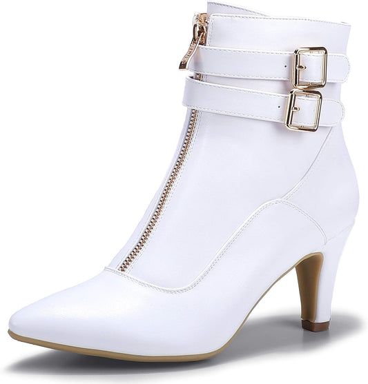 Women'S Buckle Strap Ankle Booties 3 Inch Pointed Toe Zipper Heels Dress Jeans Boots